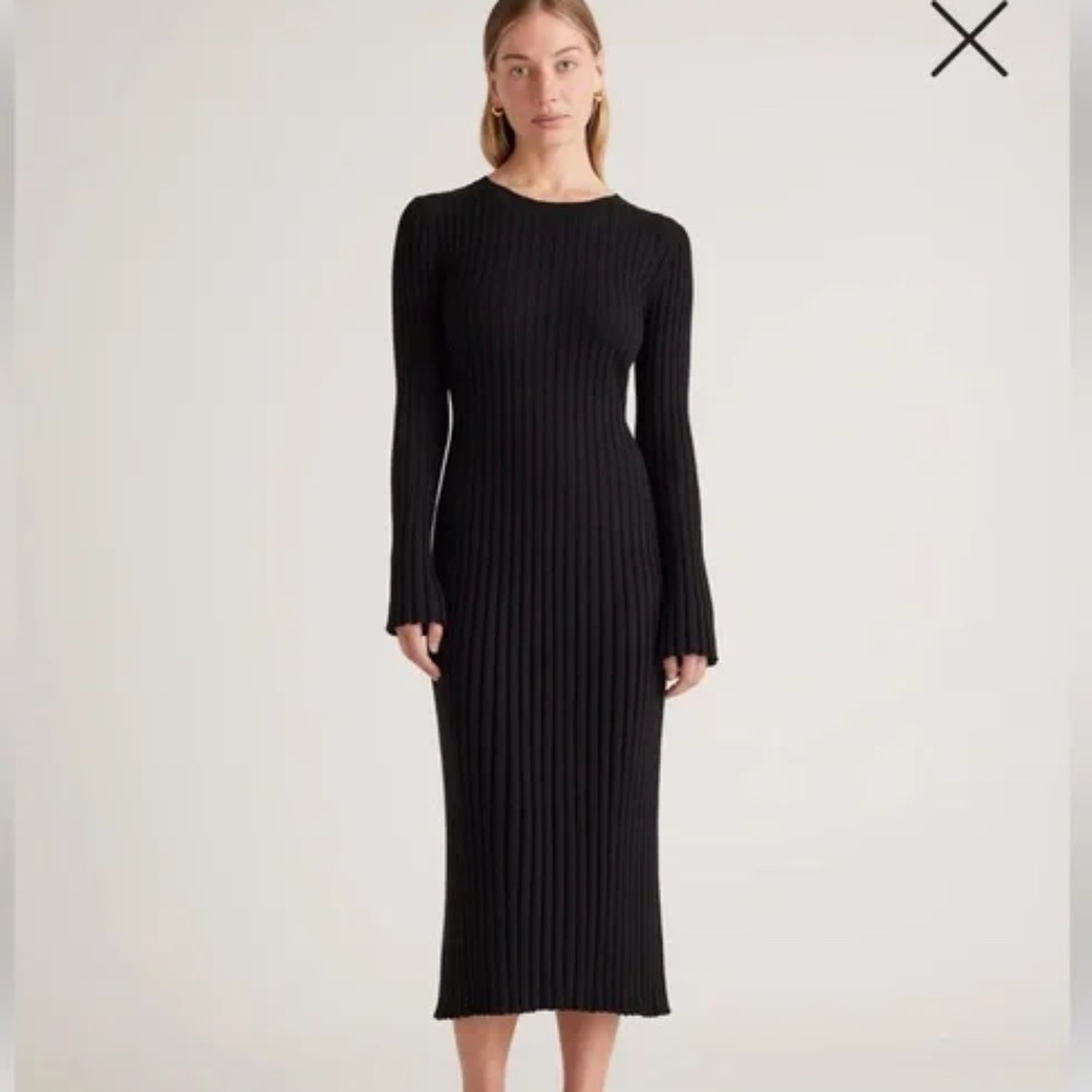 NWT Quince Black Cotton Cashmere Ribbed Long Sleeve Crew Midi Dress - M